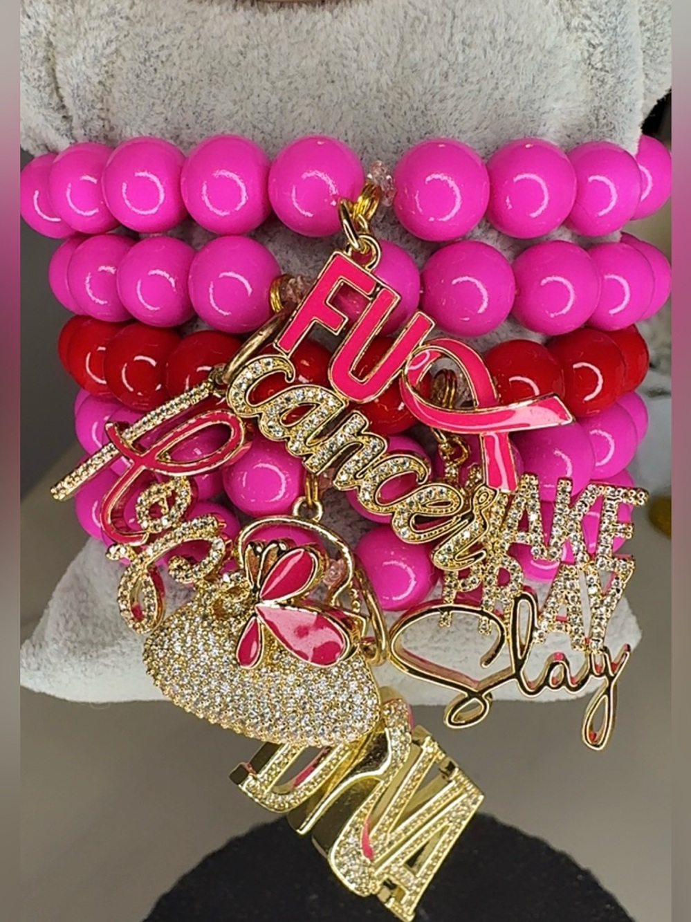 Bold Pink and Red Glass Beaded Charm Bracelet Stack
